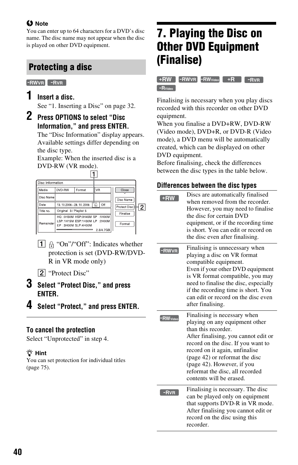 Protecting a disc, Playing the disc on other dvd equipment (finalise) | Sony RDR-HX525 User Manual | Page 40 / 124