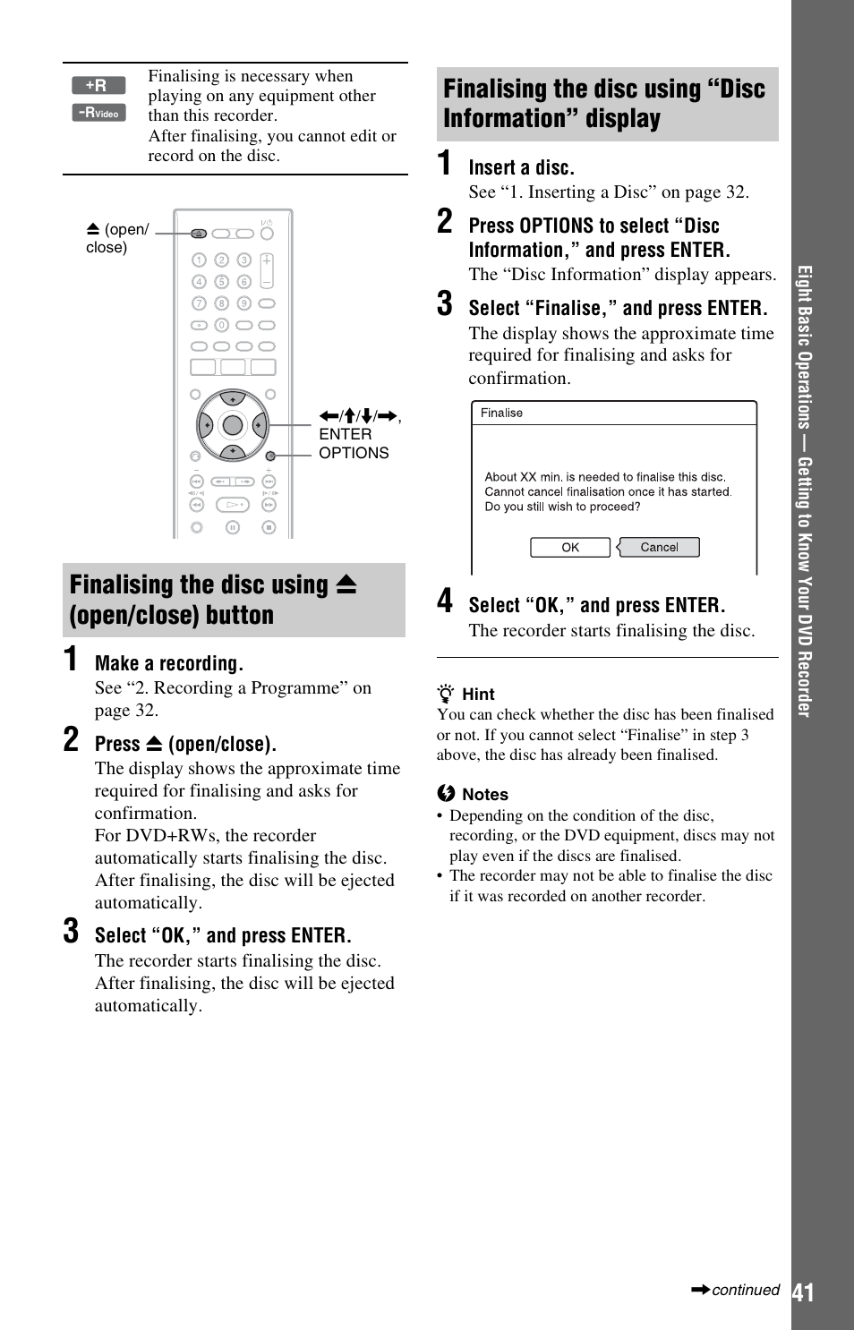 Finalising the disc using z (open/close) button, Finalising the disc using, Z (open/close) button | Sony RDR-HX525 User Manual | Page 41 / 124