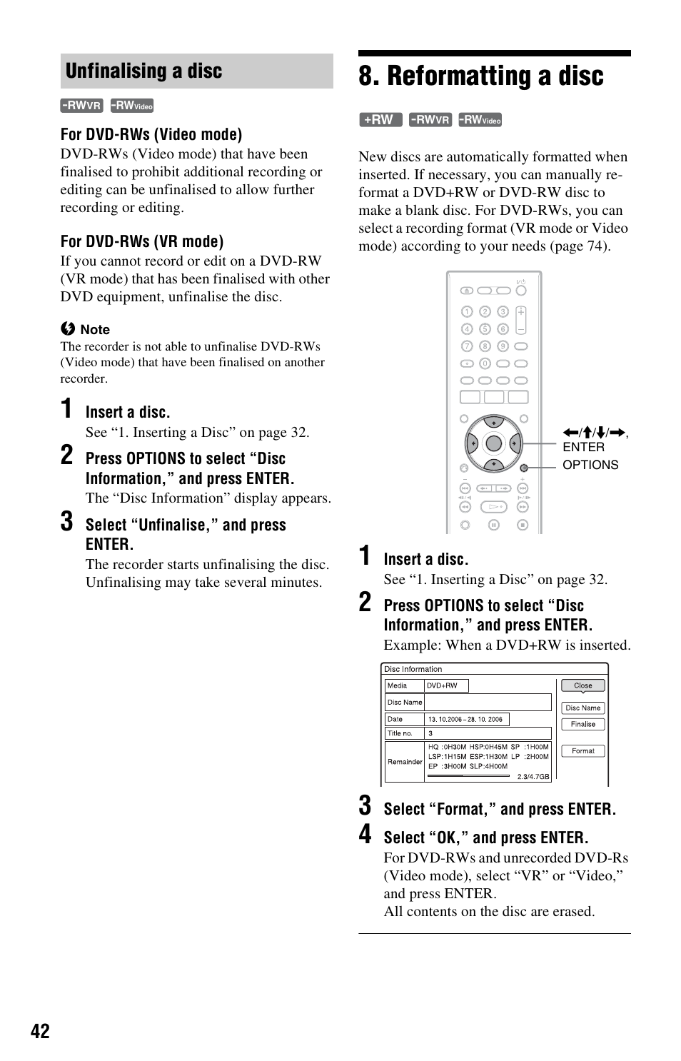 Unfinalising a disc, Reformatting a disc | Sony RDR-HX525 User Manual | Page 42 / 124