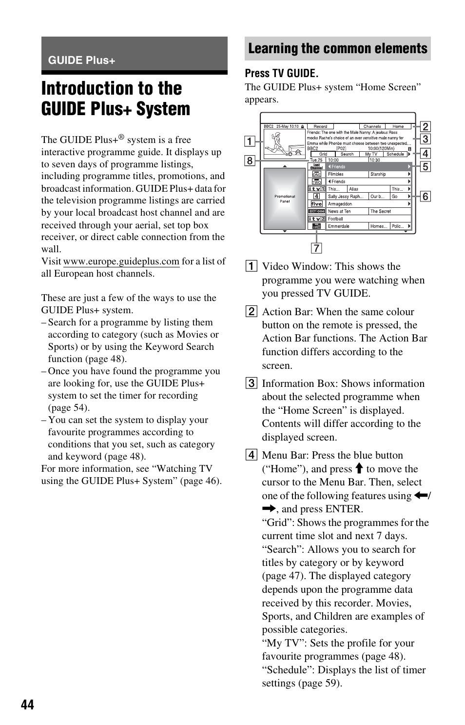 Guide plus, Introduction to the guide plus+ system, Learning the common elements | Sony RDR-HX525 User Manual | Page 44 / 124