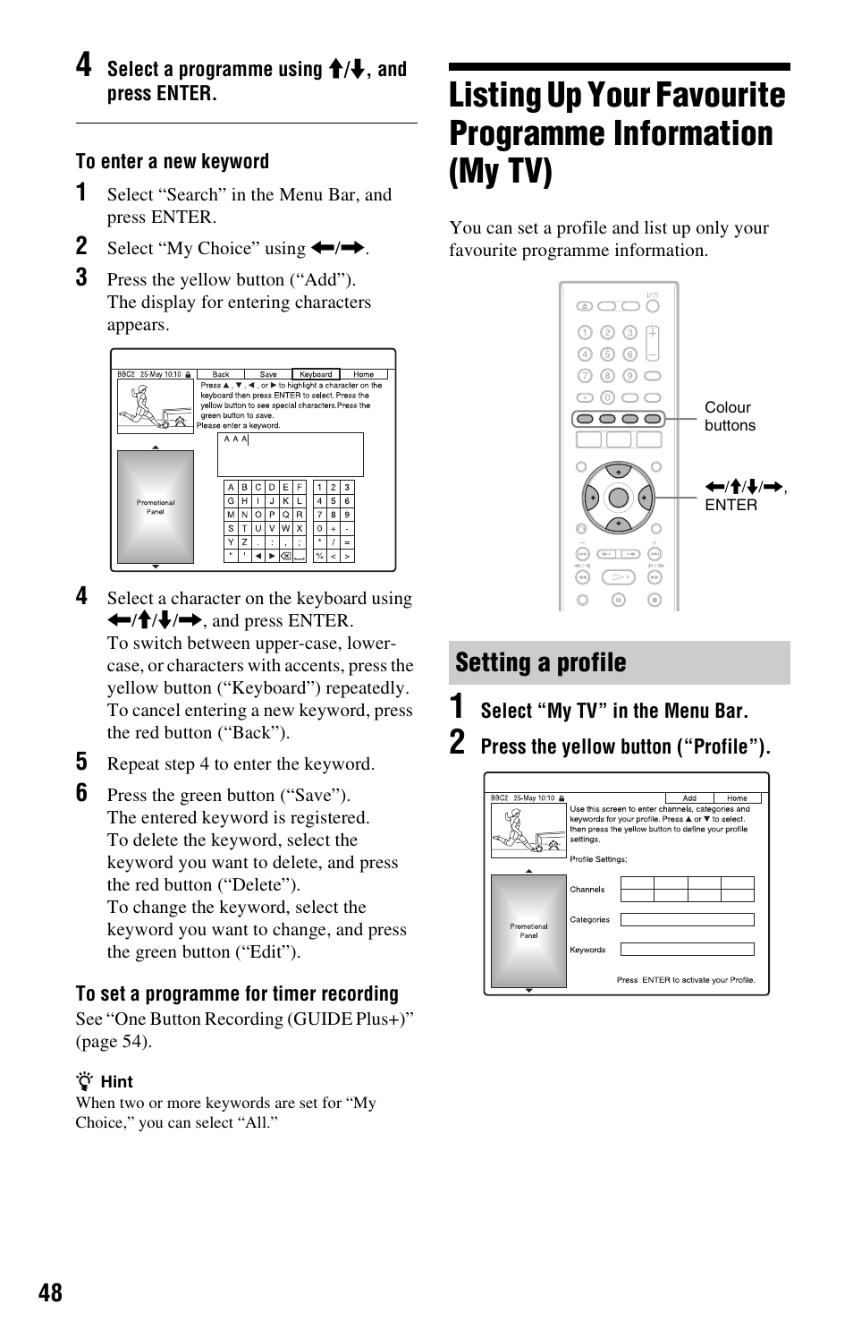 Setting a profile | Sony RDR-HX525 User Manual | Page 48 / 124