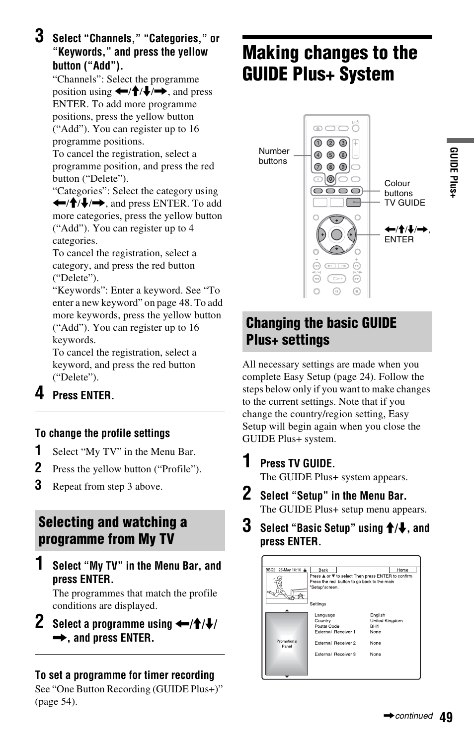 Selecting and watching a programme from my tv, Making changes to the guide plus+ system, Changing the basic guide plus+ settings | Sony RDR-HX525 User Manual | Page 49 / 124