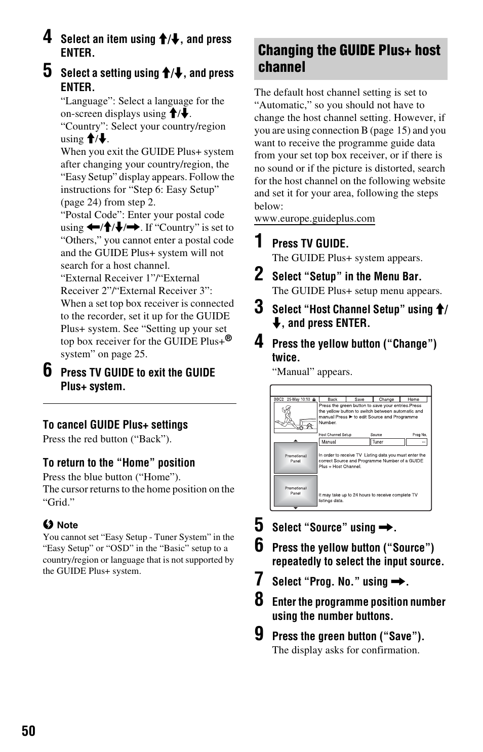 Changing the guide plus+ host channel, Changing the guide | Sony RDR-HX525 User Manual | Page 50 / 124