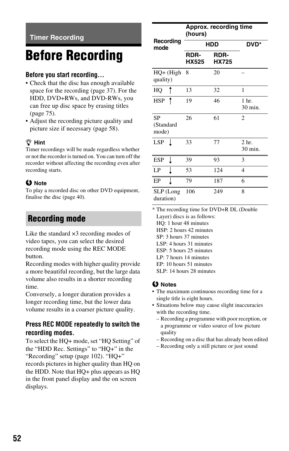 Timer recording, Before recording, Recording mode | Sony RDR-HX525 User Manual | Page 52 / 124