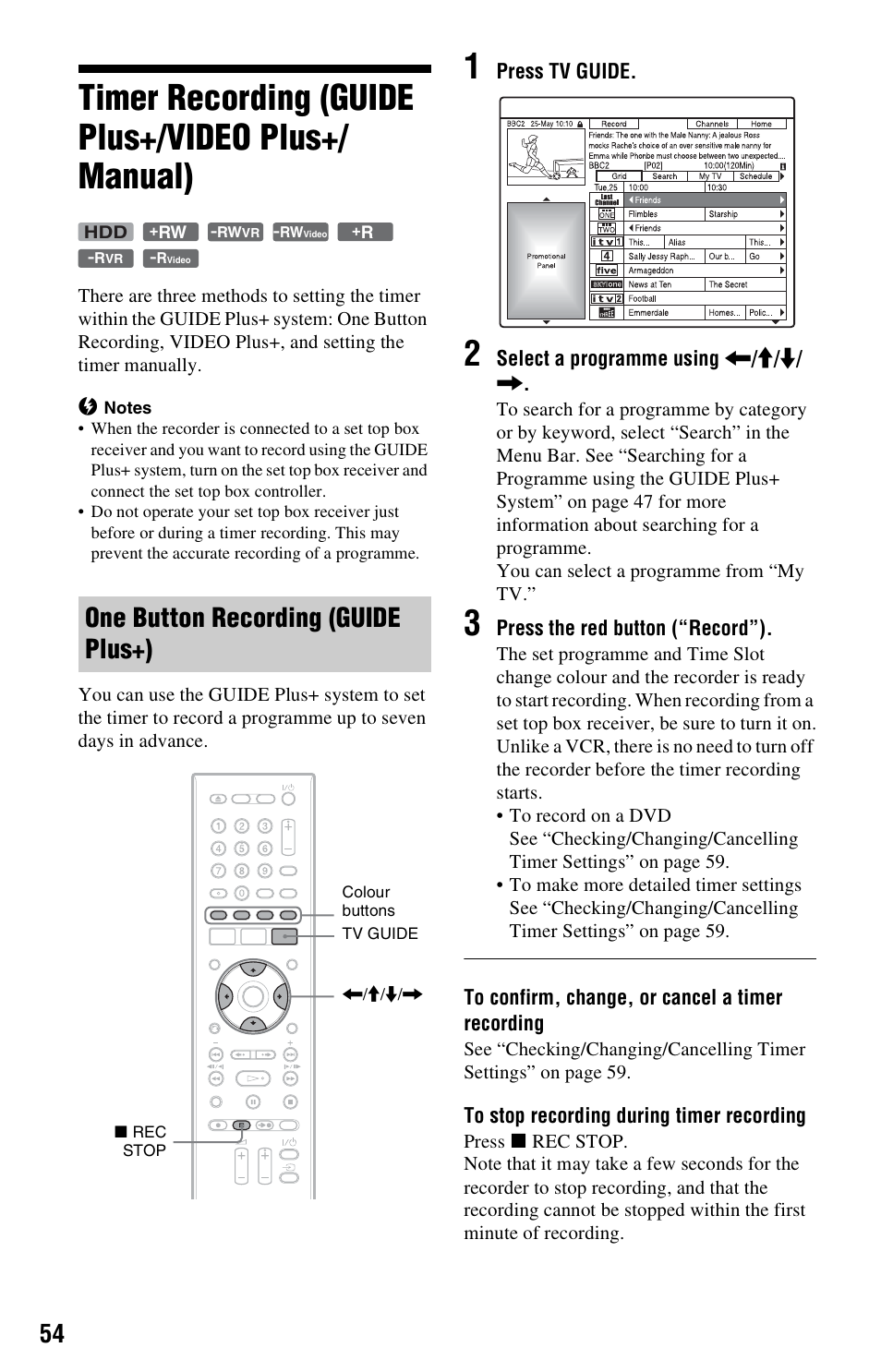 Timer recording (guide plus+/video plus+/ manual), One button recording (guide plus+), Timer recording (guide plus+/video plus+/manual) | Sony RDR-HX525 User Manual | Page 54 / 124