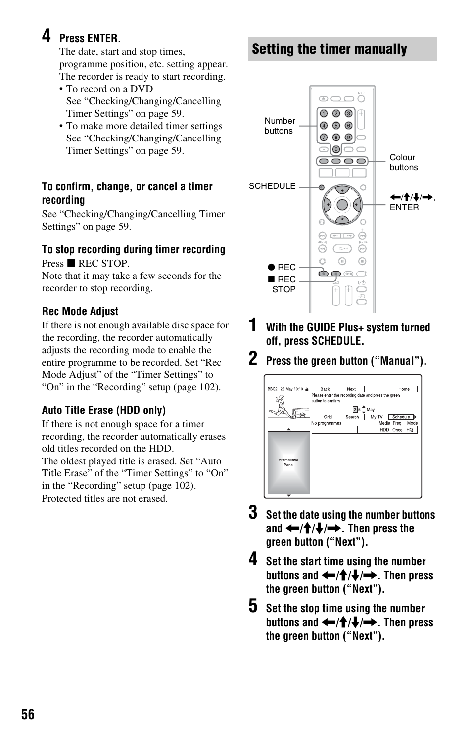 Setting the timer manually | Sony RDR-HX525 User Manual | Page 56 / 124