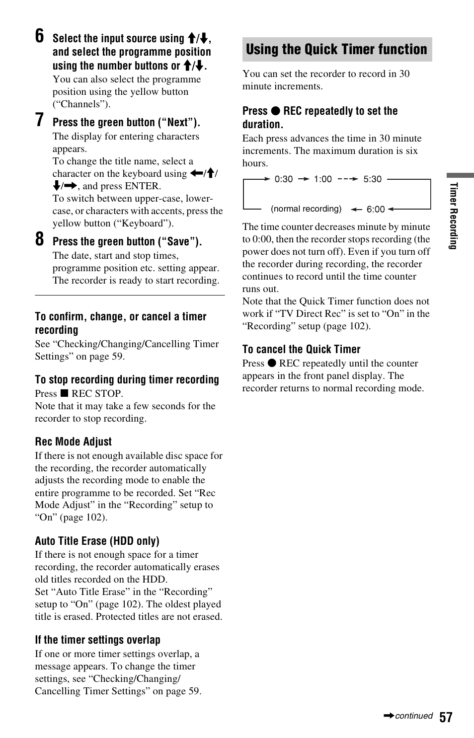 Using the quick timer function | Sony RDR-HX525 User Manual | Page 57 / 124