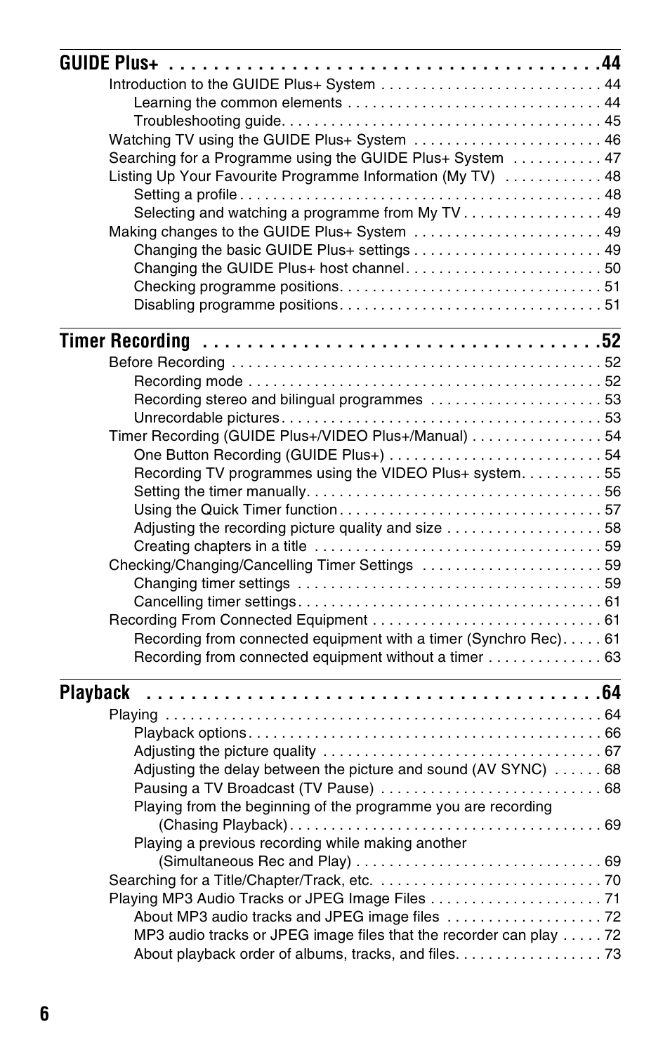 6guide plus, Timer recording, Playback | Sony RDR-HX525 User Manual | Page 6 / 124