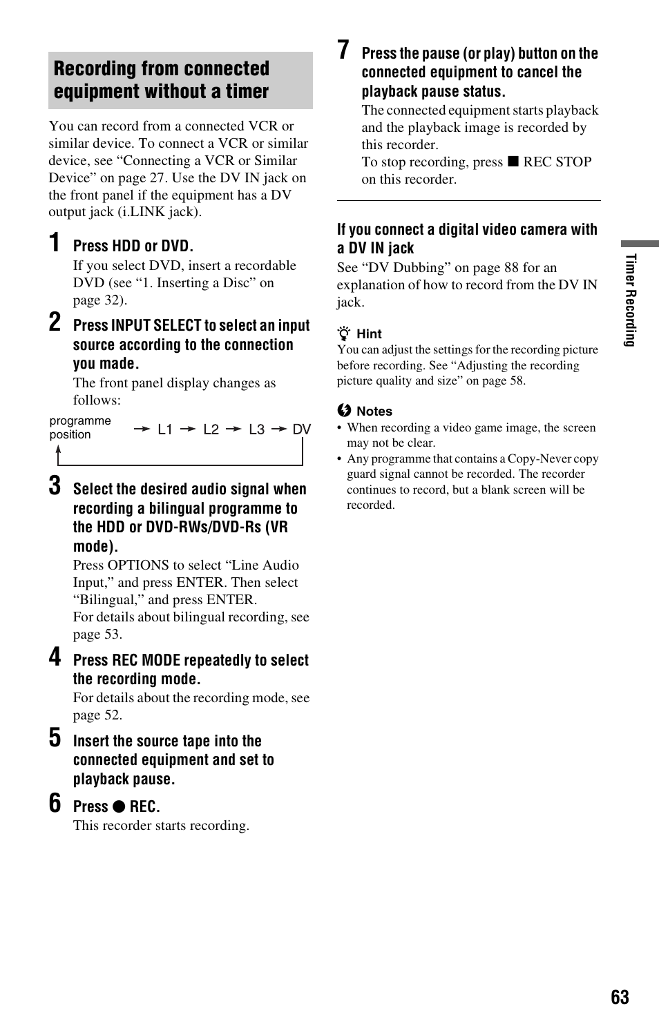 Recording from connected equipment without a timer | Sony RDR-HX525 User Manual | Page 63 / 124