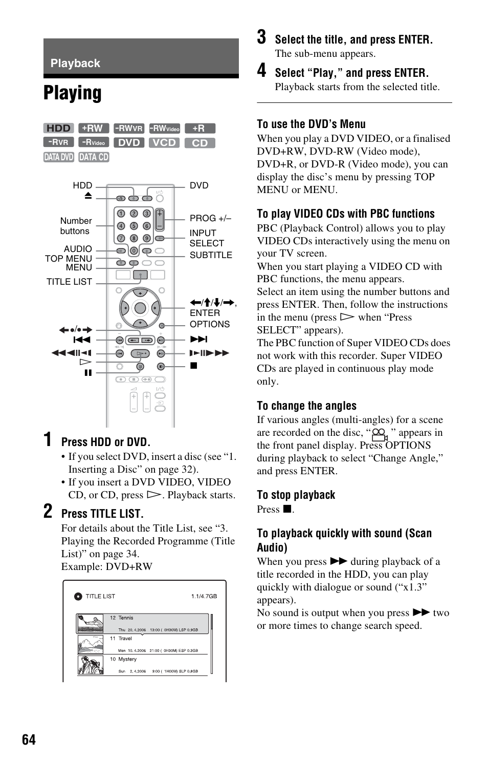 Playback, Playing, Playing 1 | Sony RDR-HX525 User Manual | Page 64 / 124