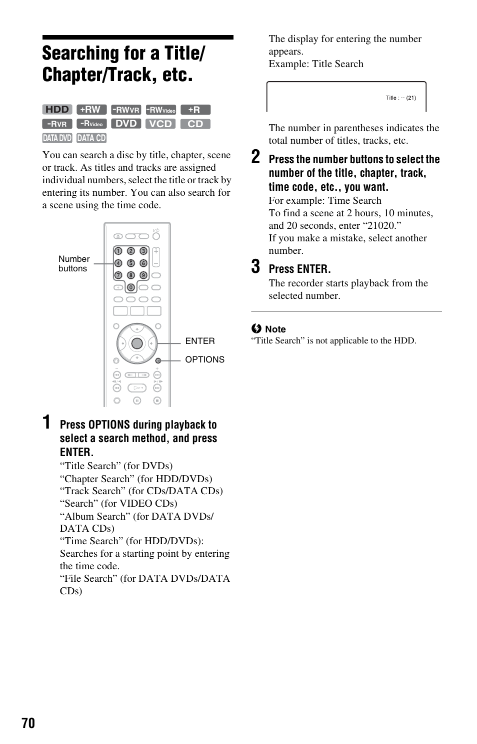 Searching for a title/ chapter/track, etc, Searching for a title/chapter/track, etc | Sony RDR-HX525 User Manual | Page 70 / 124