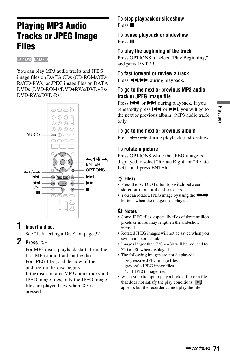 Playing mp3 audio tracks or jpeg image files | Sony RDR-HX525 User Manual | Page 71 / 124