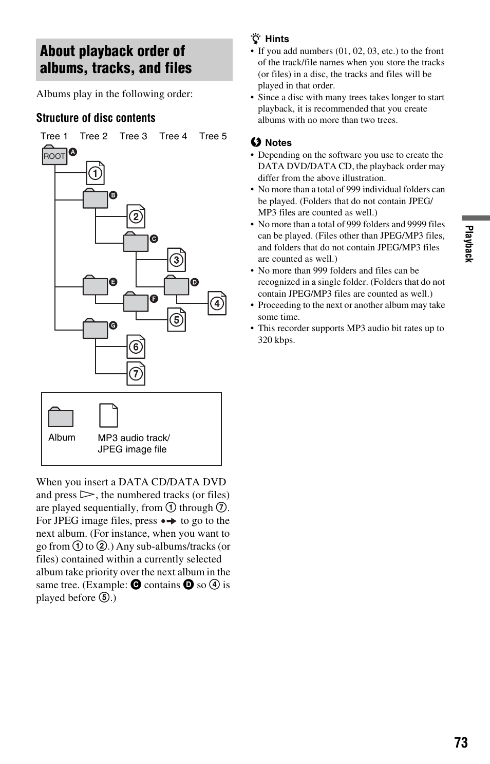 About playback order of albums, tracks, and files | Sony RDR-HX525 User Manual | Page 73 / 124