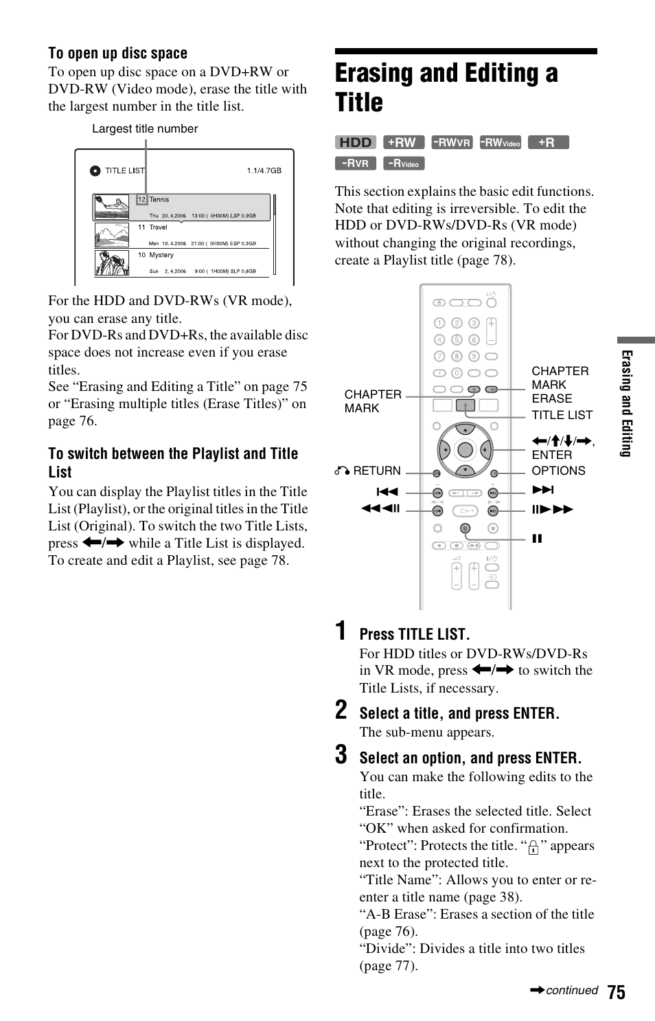 Erasing and editing a title | Sony RDR-HX525 User Manual | Page 75 / 124