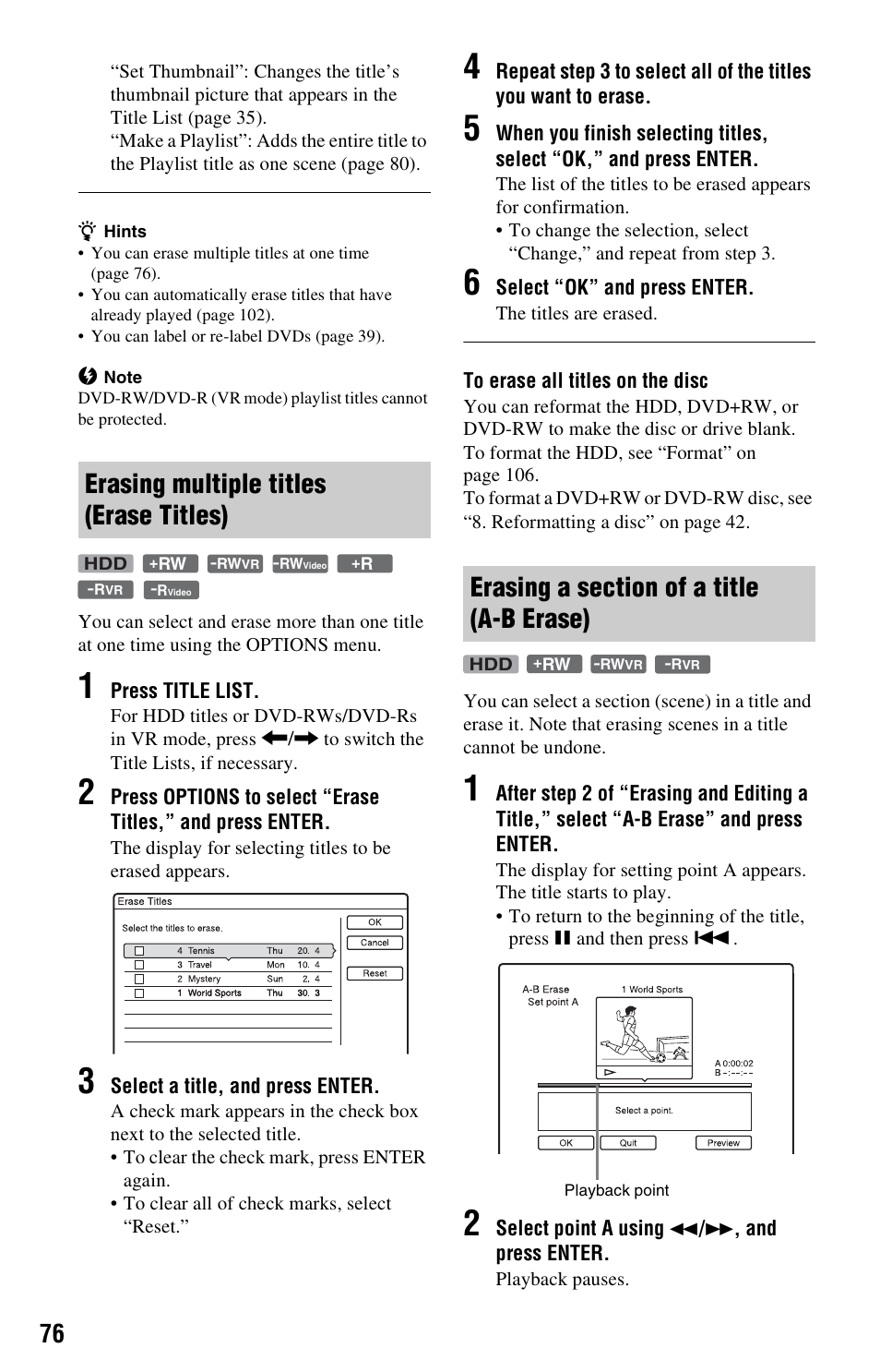 Erasing multiple titles (erase titles), Erasing a section of a title (a-b erase) | Sony RDR-HX525 User Manual | Page 76 / 124