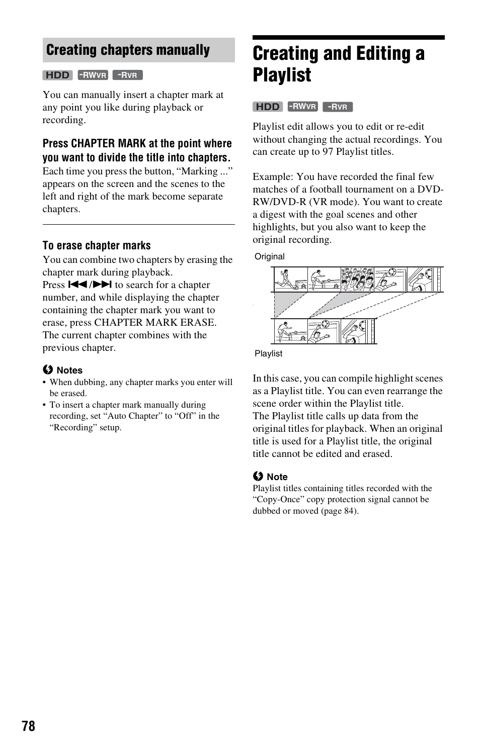 Creating chapters manually, Creating and editing a playlist | Sony RDR-HX525 User Manual | Page 78 / 124