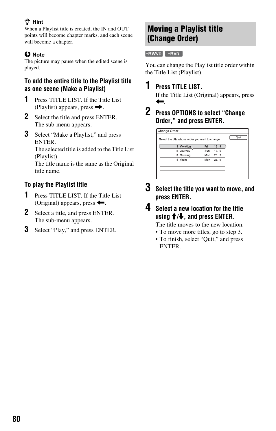 Moving a playlist title (change order) | Sony RDR-HX525 User Manual | Page 80 / 124