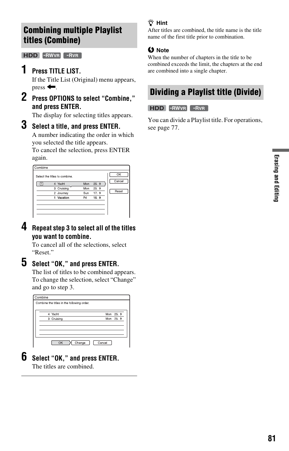 Combining multiple playlist titles (combine), Dividing a playlist title (divide) | Sony RDR-HX525 User Manual | Page 81 / 124