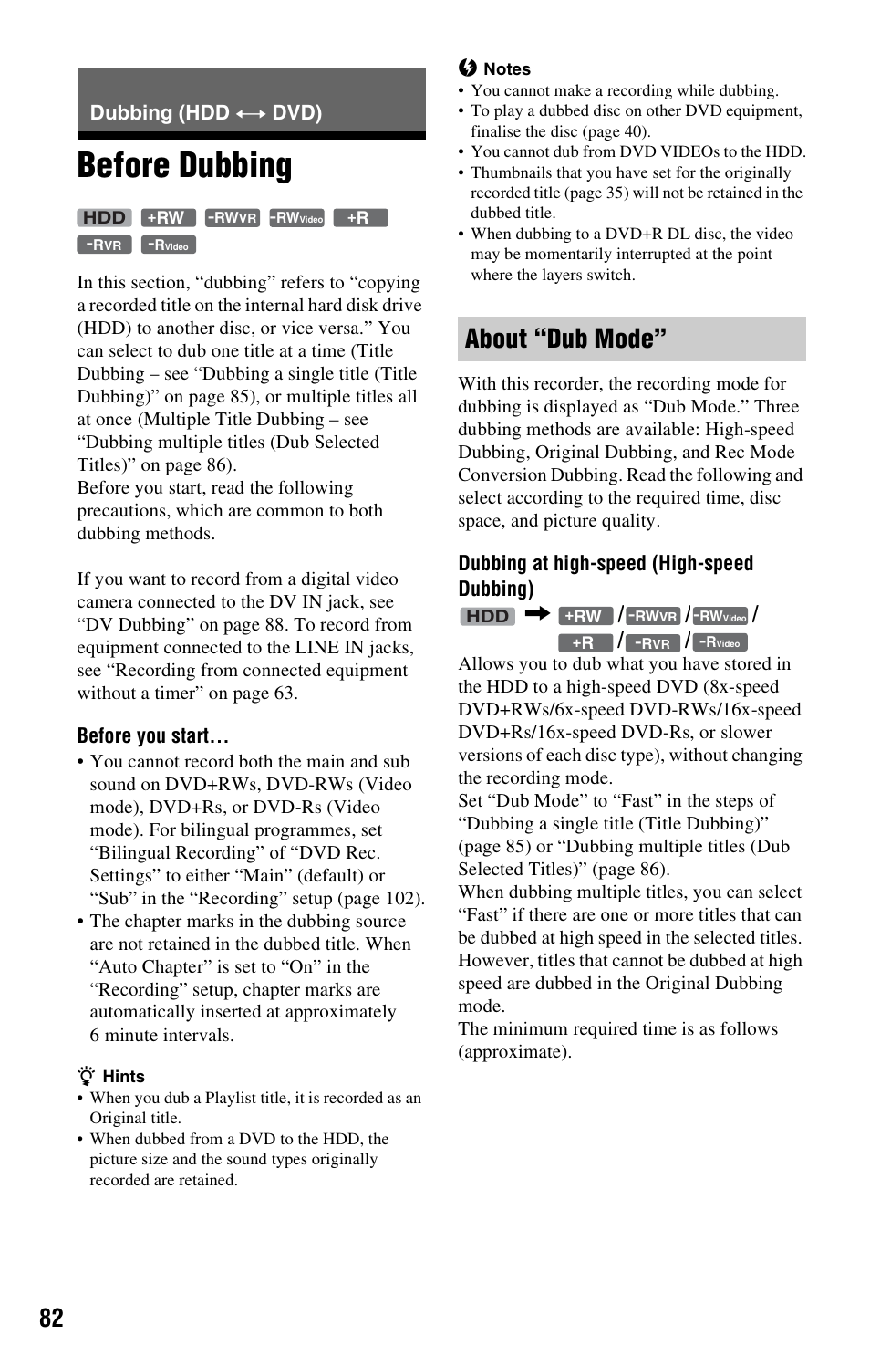 Dubbing (hdd y dvd), Before dubbing, About “dub mode | Dubbing (hdd, Y dvd), Before you start, Dubbing at high-speed (high-speed dubbing) | Sony RDR-HX525 User Manual | Page 82 / 124