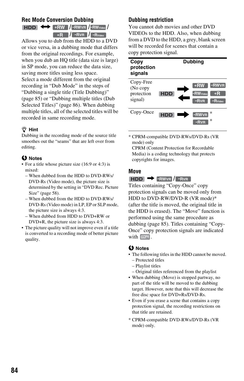 Rec mode conversion dubbing n, Dubbing restriction, Move | Sony RDR-HX525 User Manual | Page 84 / 124