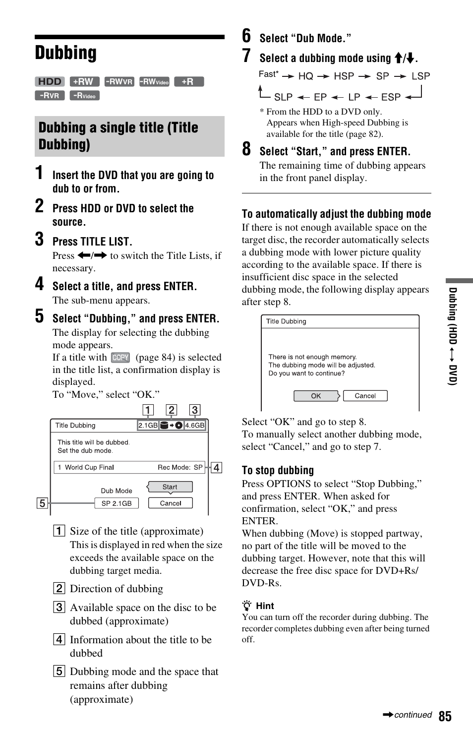 Dubbing, Dubbing a single title (title dubbing), Dubbing 1 | Sony RDR-HX525 User Manual | Page 85 / 124