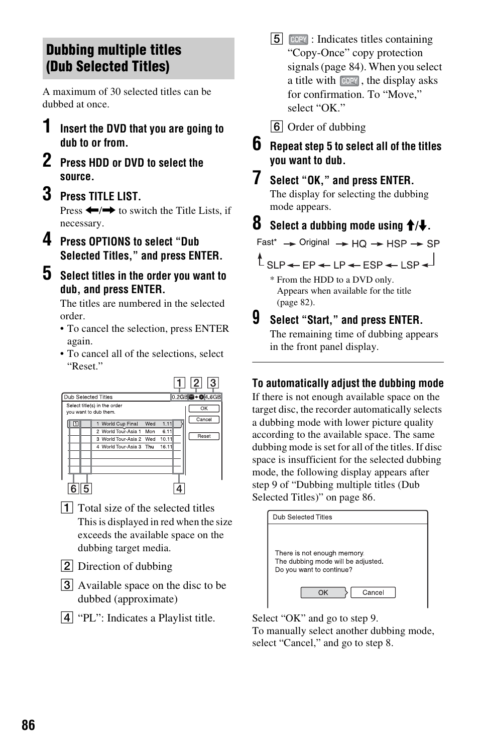 Dubbing multiple titles (dub selected titles) | Sony RDR-HX525 User Manual | Page 86 / 124