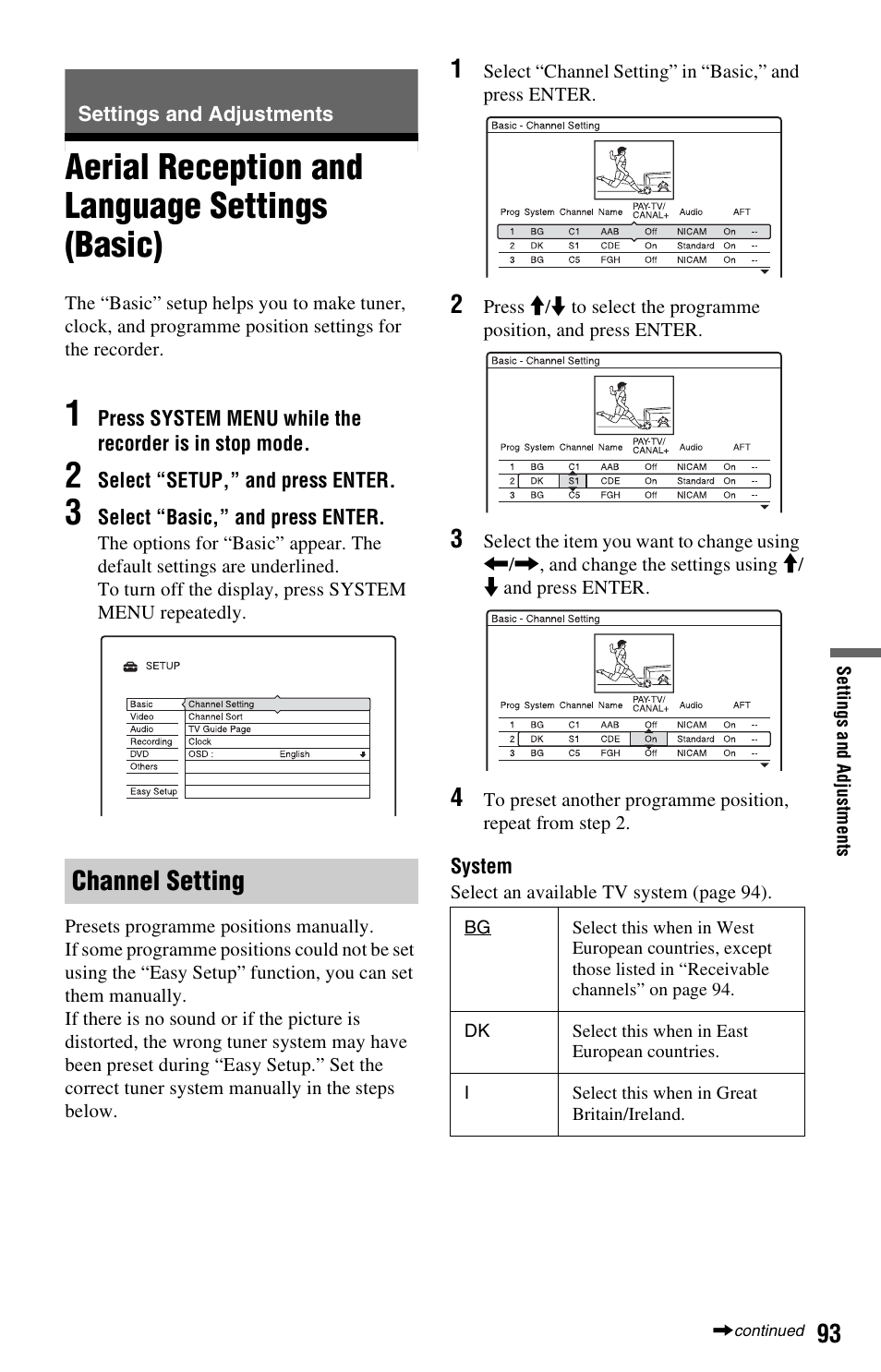 Settings and adjustments, Aerial reception and language settings (basic), Channel setting | Sony RDR-HX525 User Manual | Page 93 / 124