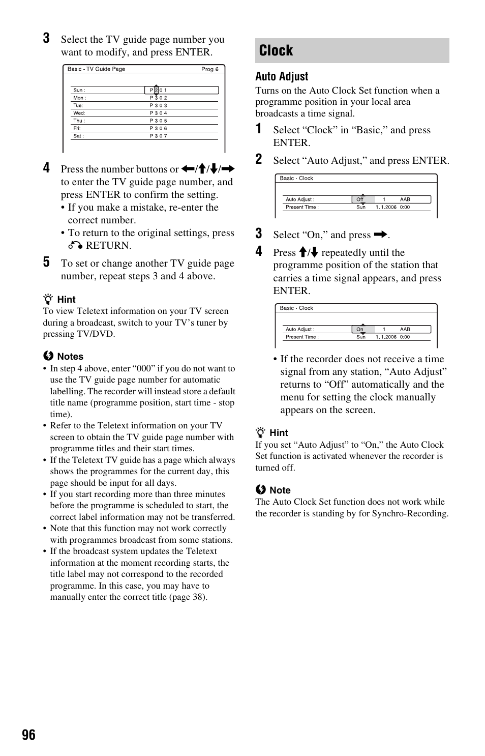 Clock | Sony RDR-HX525 User Manual | Page 96 / 124