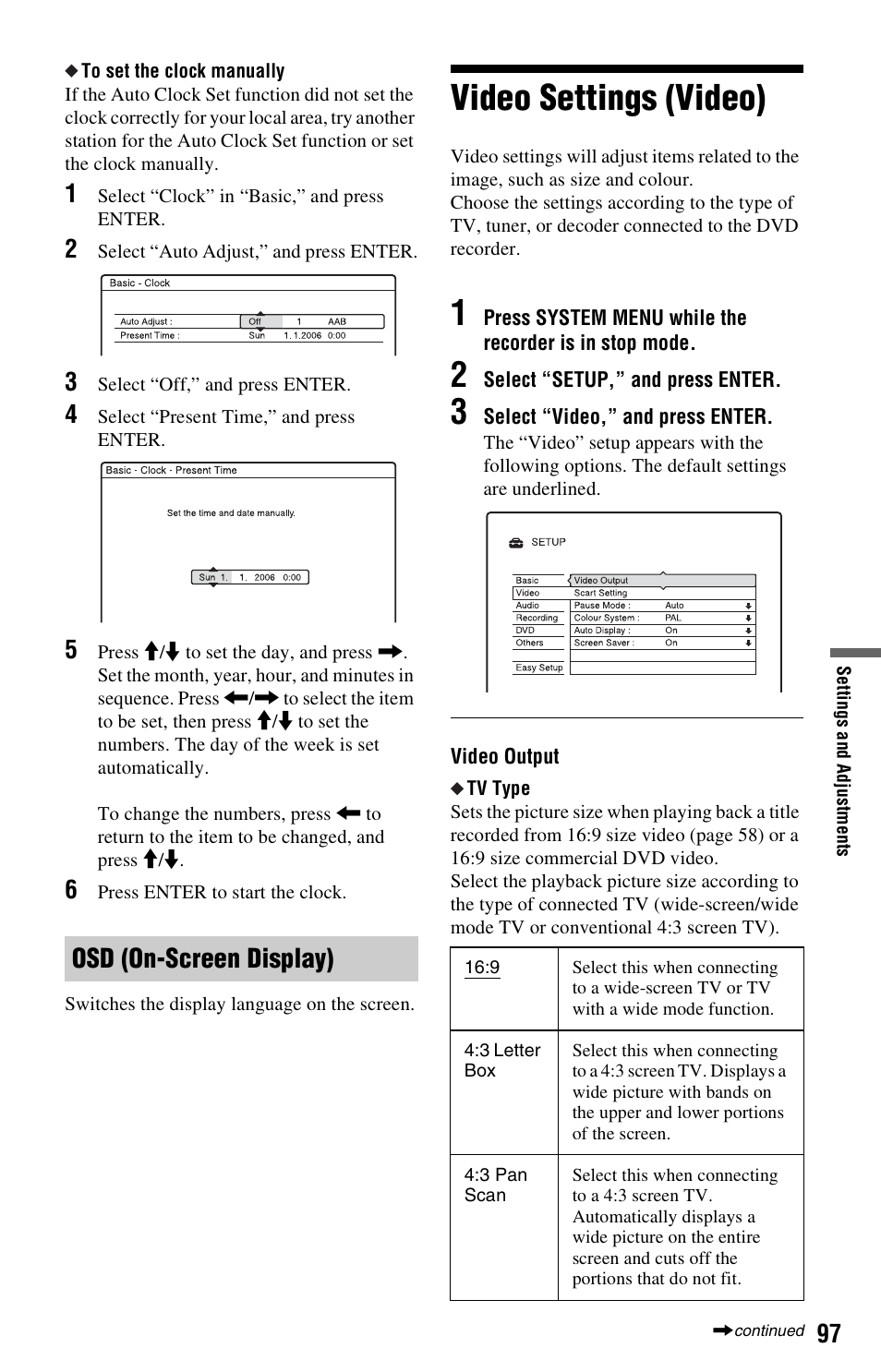 Osd (on-screen display), Video settings (video) | Sony RDR-HX525 User Manual | Page 97 / 124