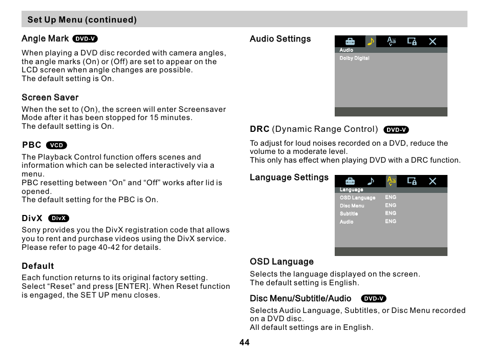 页面 44, Angle mark, Screen saver | Default audio settings audio settings, Disc menu/subtitle/audio, Pbc divx, 44 set up menu (continued) | Sony DVP-FX810 User Manual | Page 44 / 56