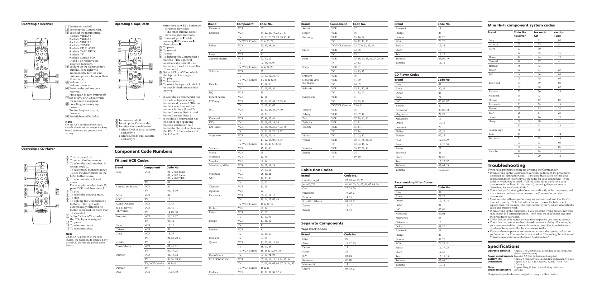 Troubleshooting, Specifications, Component code numbers | Mini hi-fi component system codes, Tv and vcr codes, Cable box codes, Separate components | Sony RM-V22 User Manual | Page 2 / 2