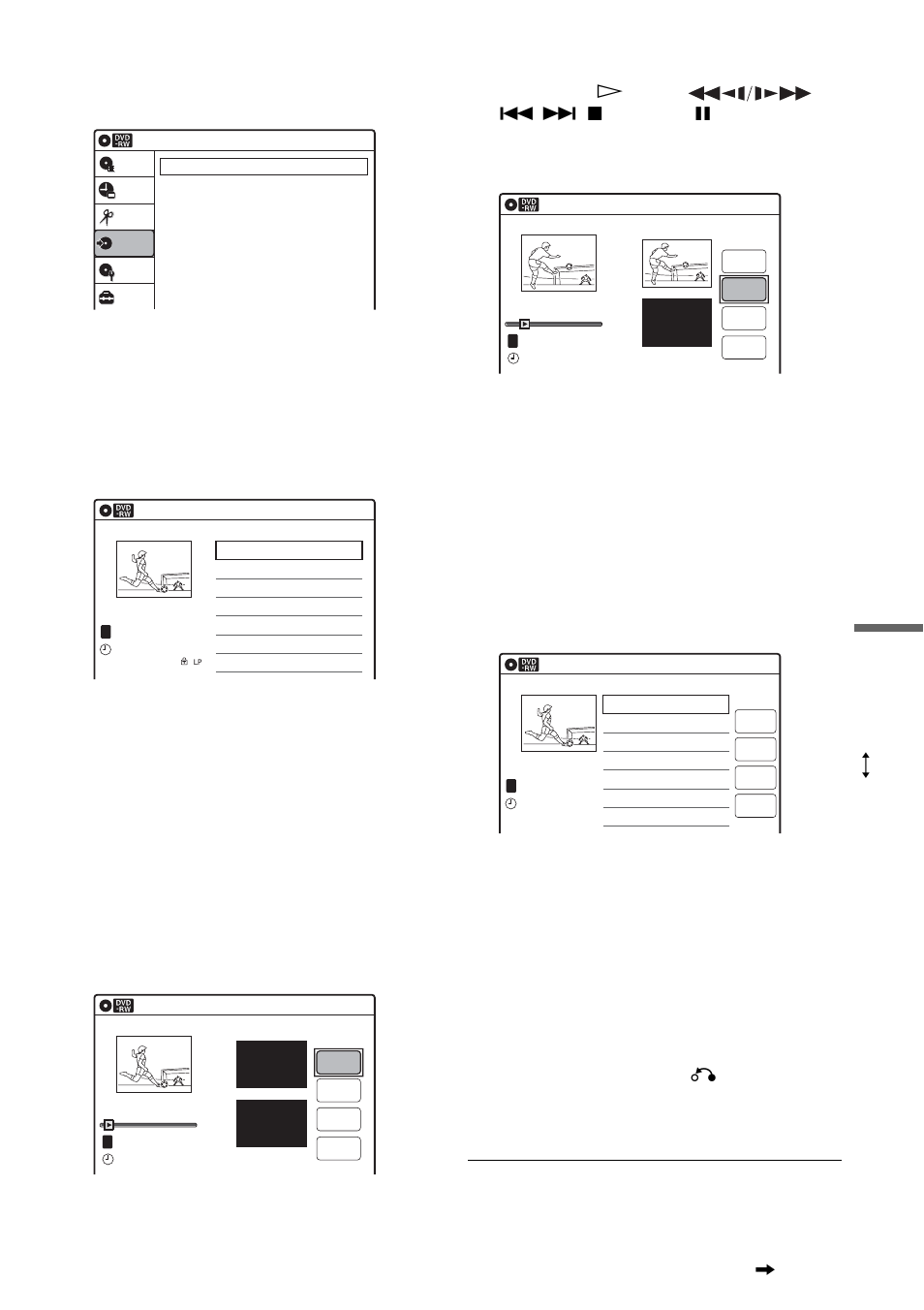 Select “program dubbing,” and press enter, Select “create dubbing list,” and press enter, Select the title you want to dub, and press enter | Select “scene dubbing,” and press enter, Press enter at the start point, Press enter at the end point, Press enter, Select “finish,” and press enter, Select an option and press enter, if necessary, Select “dubbing,” and press enter | Sony RDR-VX511 User Manual | Page 85 / 124