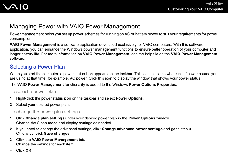 Managing power with vaio power management, Selecting a power plan | Sony VGN-FZ200 User Manual | Page 103 / 187