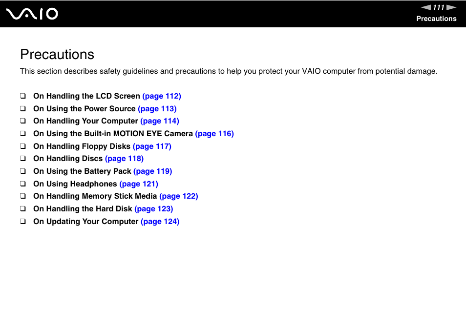 Precautions | Sony VGN-FZ200 User Manual | Page 111 / 187