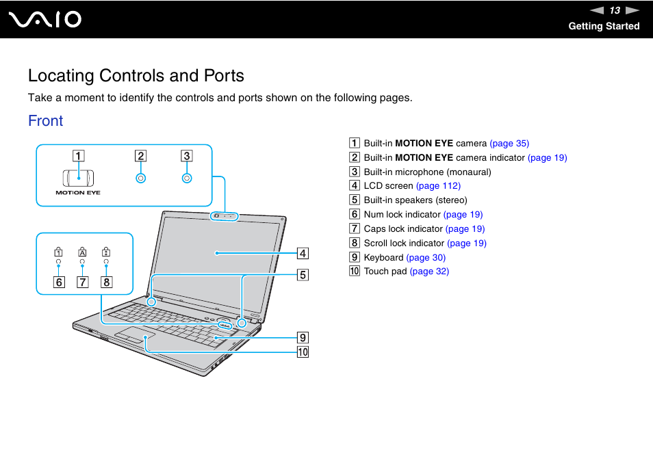 Locating controls and ports, Front | Sony VGN-FZ200 User Manual | Page 13 / 187