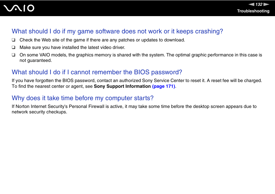 Why does it take time before my computer starts | Sony VGN-FZ200 User Manual | Page 132 / 187