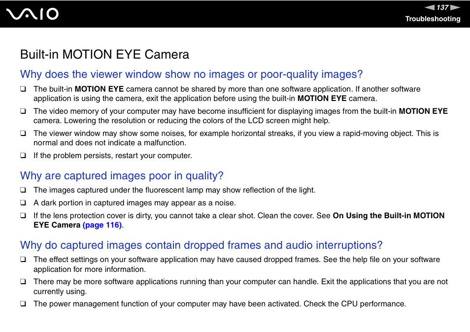 Built-in motion eye camera, Why are captured images poor in quality | Sony VGN-FZ200 User Manual | Page 137 / 187