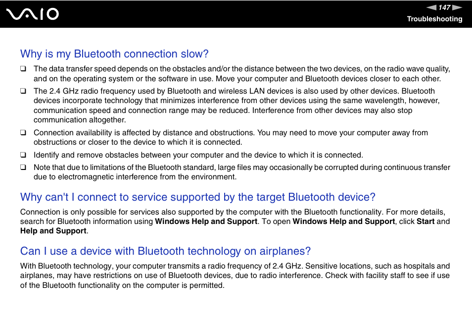 Why is my bluetooth connection slow | Sony VGN-FZ200 User Manual | Page 147 / 187