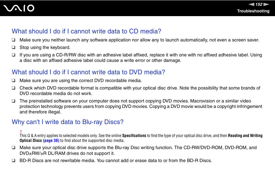 Why can't i write data to blu-ray discs | Sony VGN-FZ200 User Manual | Page 152 / 187