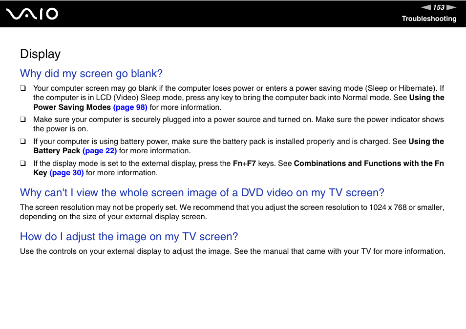 Display, Why did my screen go blank, How do i adjust the image on my tv screen | Sony VGN-FZ200 User Manual | Page 153 / 187