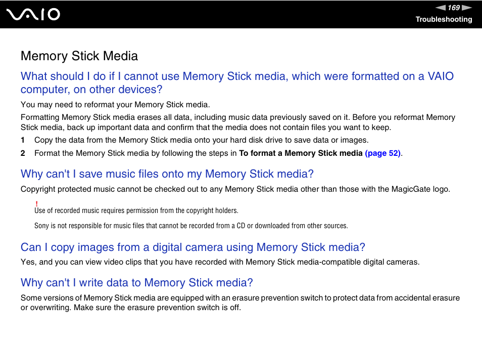 Memory stick media | Sony VGN-FZ200 User Manual | Page 169 / 187