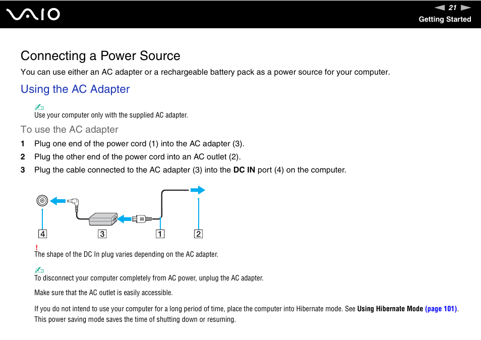 Connecting a power source, Using the ac adapter | Sony VGN-FZ200 User Manual | Page 21 / 187