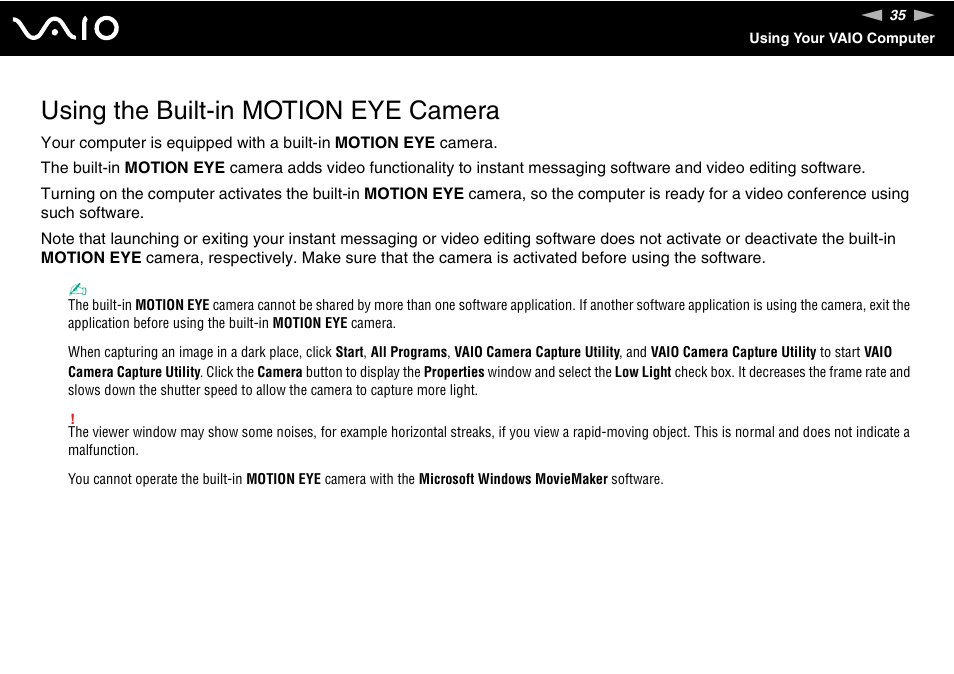 Using the built-in motion eye camera | Sony VGN-FZ200 User Manual | Page 35 / 187