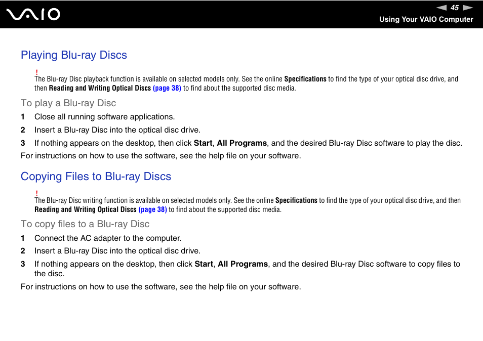 Playing blu-ray discs, Copying files to blu-ray discs | Sony VGN-FZ200 User Manual | Page 45 / 187