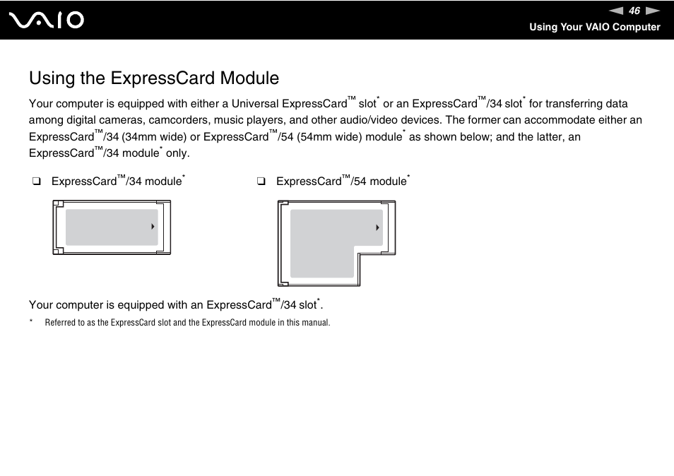 Using the expresscard module | Sony VGN-FZ200 User Manual | Page 46 / 187