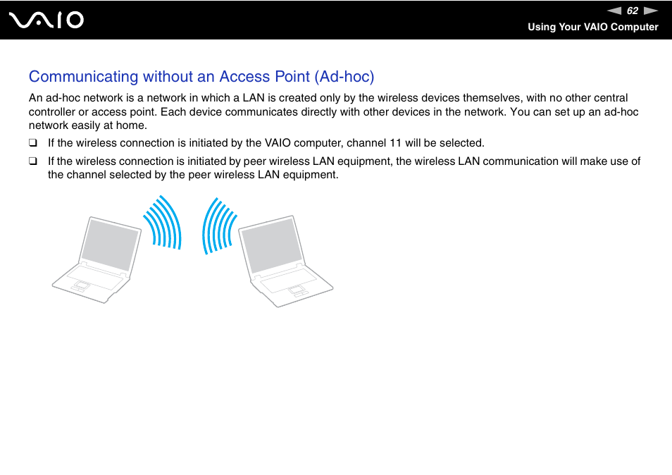 Communicating without an access point (ad-hoc) | Sony VGN-FZ200 User Manual | Page 62 / 187