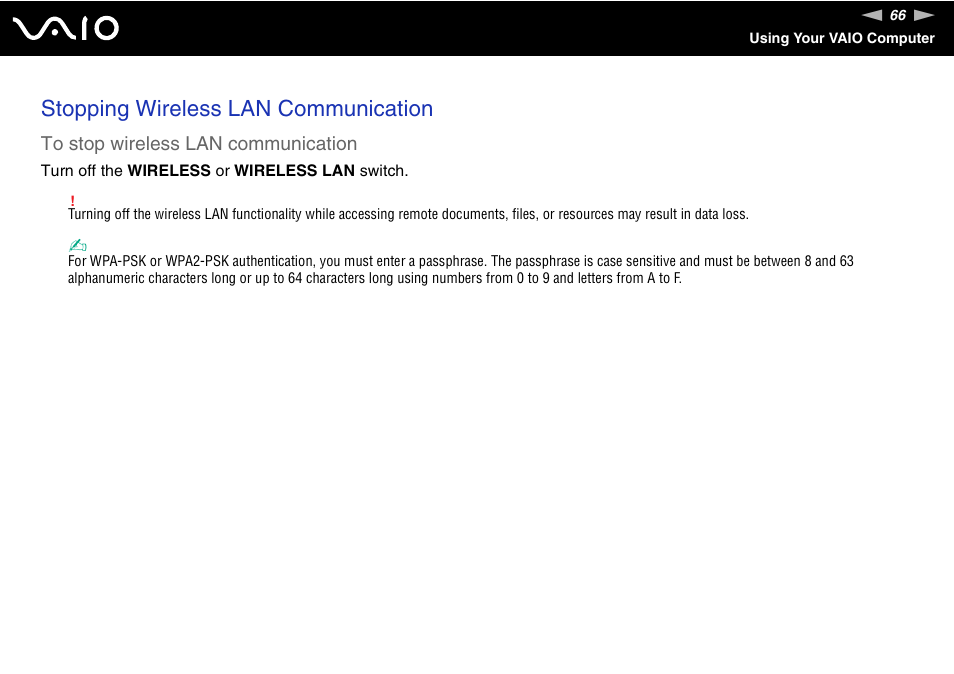 Stopping wireless lan communication | Sony VGN-FZ200 User Manual | Page 66 / 187