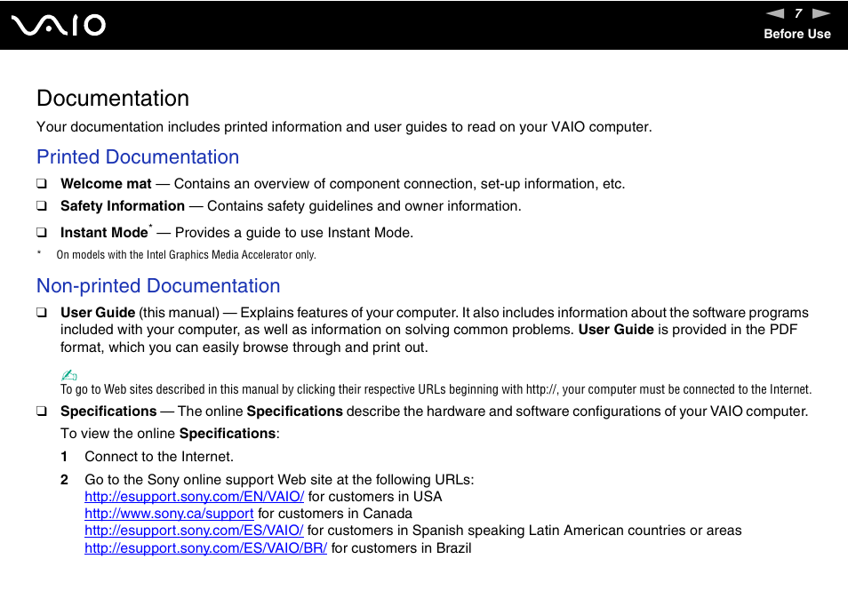 Documentation, Printed documentation, Non-printed documentation | Sony VGN-FZ200 User Manual | Page 7 / 187