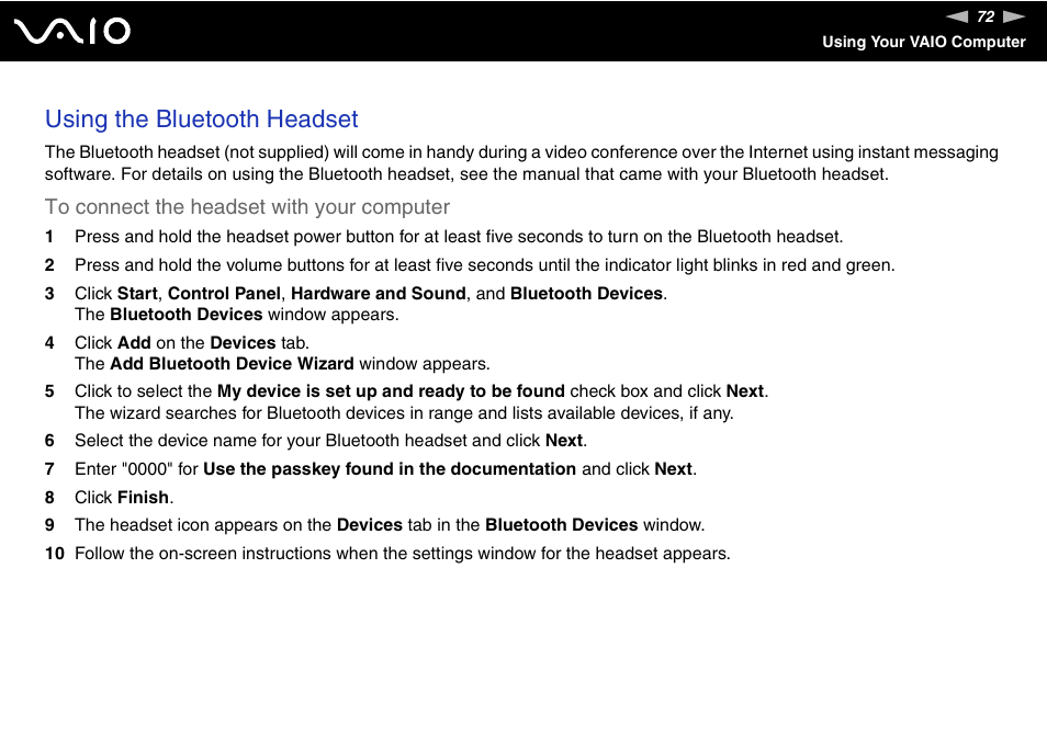 Using the bluetooth headset | Sony VGN-FZ200 User Manual | Page 72 / 187