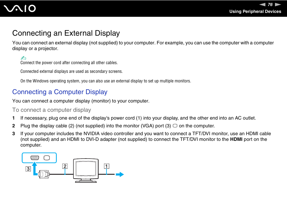 Connecting an external display, Connecting a computer display | Sony VGN-FZ200 User Manual | Page 76 / 187